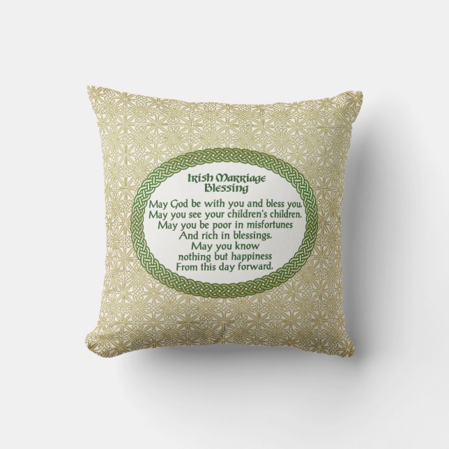 Irish Marriage Blessing, Gold & Green Wedding Throw Pillow (Front)