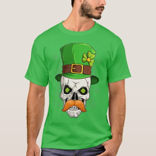 Irish Mustache Skull With Leprechaun Hat T_Shirt