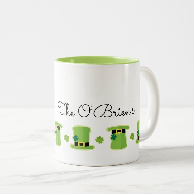 Irish Name Shamrock Hat St Patricks Day Green Fun Two-Tone Coffee Mug (Front Right)