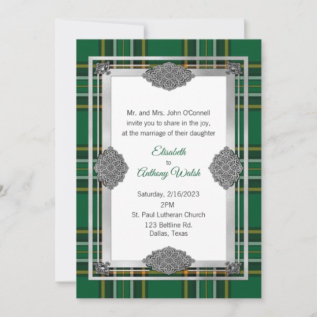 Irish National Plaid with Celtic Frame Wedding Invitation (Front)
