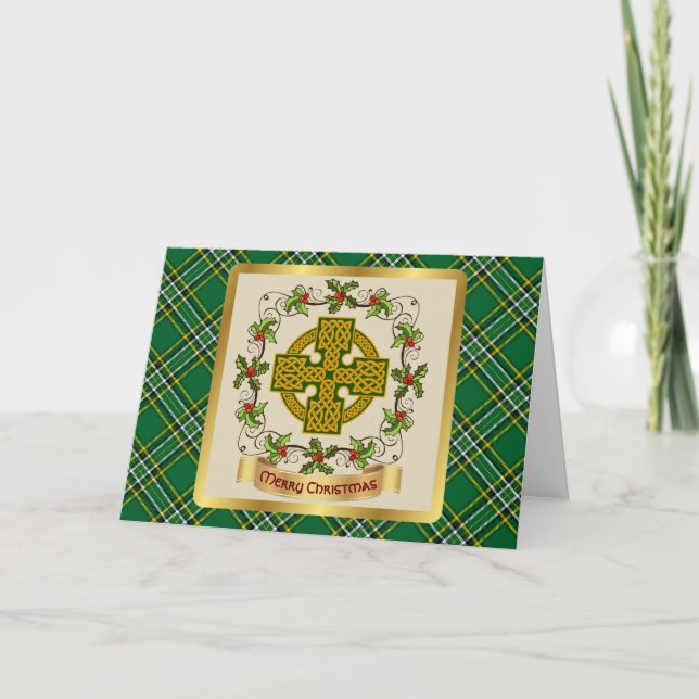 Irish National Tartan w/Celtic Cross Personalized  Holiday Card (Front)