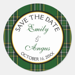 Irish National Tartan Wedding Save the Date Classic Round Sticker