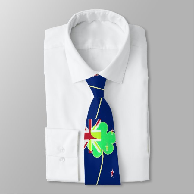 Irish New Zealand Flag Shamrock Clover St. Patrick Neck Tie (Tied)