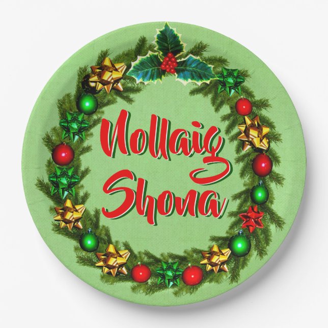 Irish Nollaig Shona Merry Christmas 9" Paper Plates (Front)
