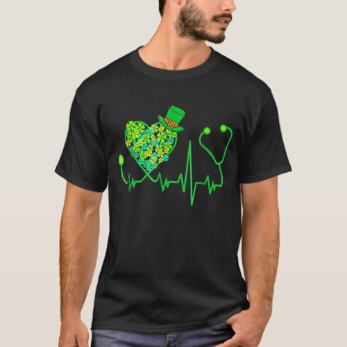 Irish Nurse Stethoscope Heartbeat Shamrock St Patr T_Shirt