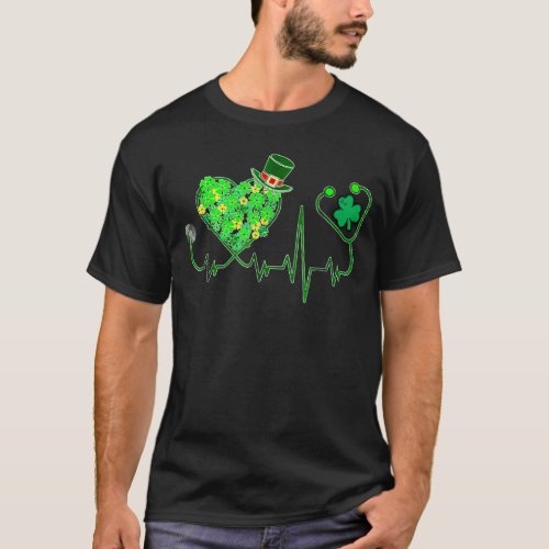 Irish Nurse Stethoscope Heartbeat Shamrock St Patr T_Shirt