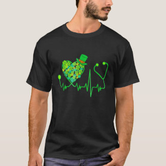 Irish Nurse Stethoscope Heartbeat Shamrock St Patr T-Shirt