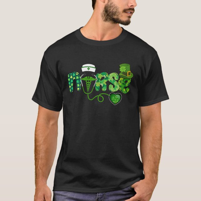 Irish Nurse Stethoscope Scrub St Patricks Day Nurs T-Shirt (Front)