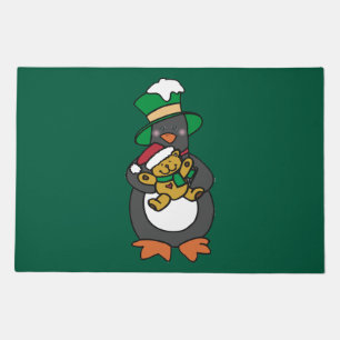 Irish Penguin Holding Christmas Teddy Bear Doormat