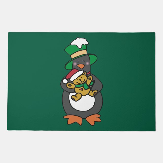 Irish Penguin Holding Christmas Teddy Bear Doormat (Front)