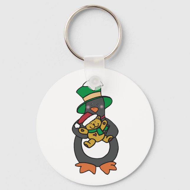 Irish Penguin Holding Christmas Teddy Bear Keychain (Front)