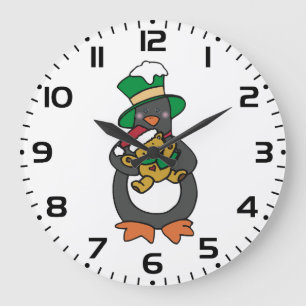Irish Penguin Holding Christmas Teddy Bear Large Clock