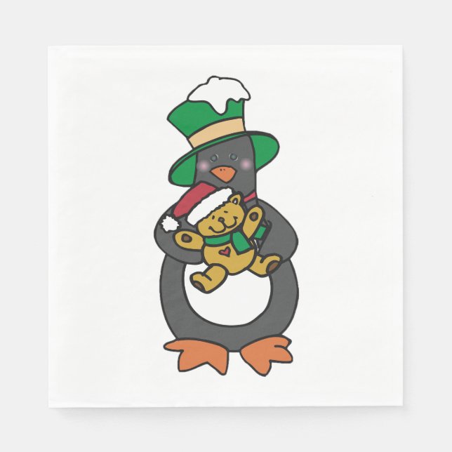 Irish Penguin Holding Christmas Teddy Bear Napkins (Front)