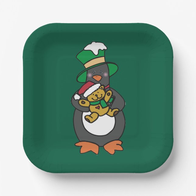 Irish Penguin Holding Christmas Teddy Bear Paper Plates (Front)