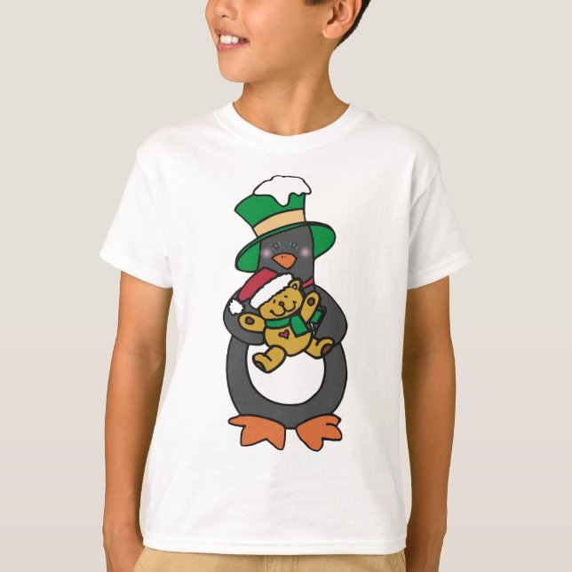 Irish Penguin Holding Christmas Teddy Bear T-Shirt (Front)