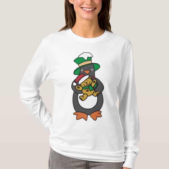 Irish Penguin Holding Christmas Teddy Bear T-Shirt (Front)