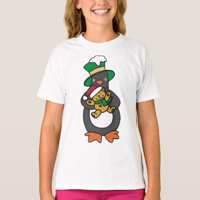 Irish Penguin Holding Christmas Teddy Bear T-Shirt (Front)