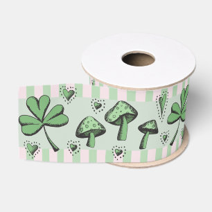 Irish Pink & Green Shamrocks Hearts & Mushrooms 3" Grosgrain Ribbon