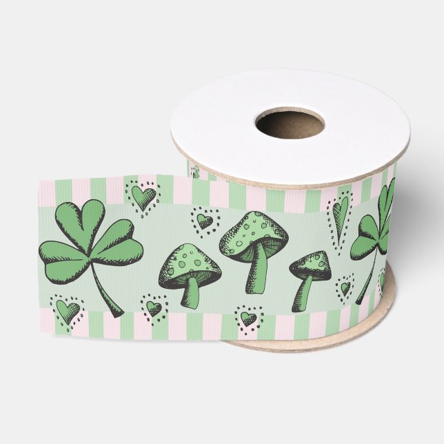 Irish Pink & Green Shamrocks Hearts & Mushrooms 3" Grosgrain Ribbon (Spool)