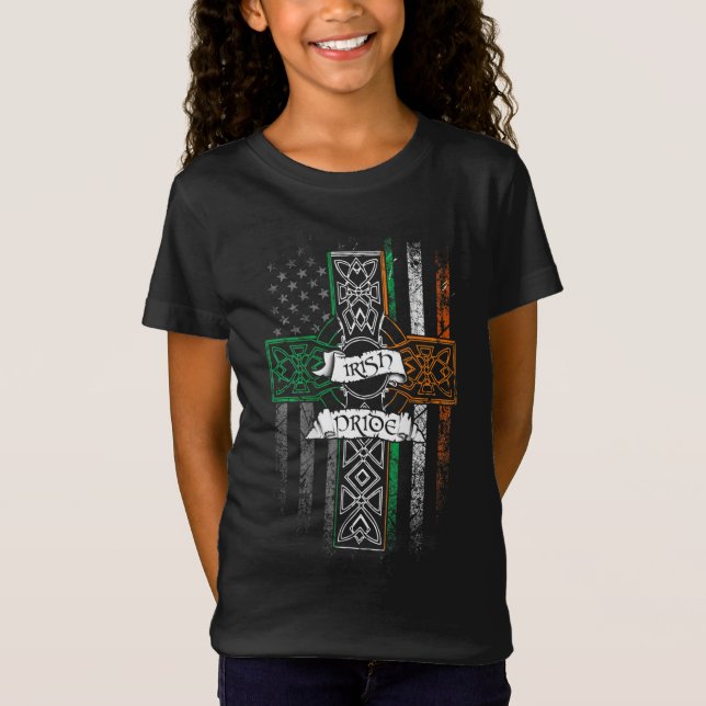 IRISH PRIDE American Flag Celtic Cross St Patricks T-Shirt (Front)