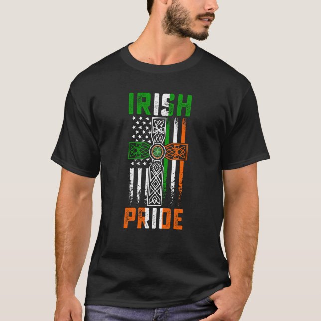 Irish Pride American Flag Celtic Cross St Patricks T-Shirt (Front)