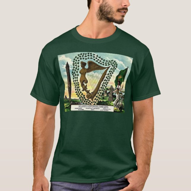 Irish Pride Ireland's Emblems golden harp clovers T-Shirt (Front)