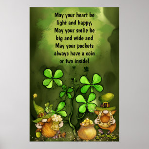 Irish Proverb, Clovers and Leprechaun Gnomes Poster