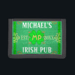 Irish Pub Create Your Own Personalized Green Tri-fold Wallet<br><div class="desc">Create your own custom Irish pub home bar wallet design using this template. The design is made to look like old green wood with plenty of vintage flourishes in shades of green, white, orange and gold. There are also five shamrocks / clovers in the design. It can be personalized with...</div>