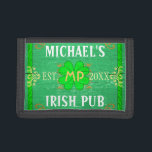 Irish Pub Create Your Own Personalized Green Tri-fold Wallet<br><div class="desc">Create your own custom Irish pub home bar wallet design using this template. The design is made to look like old green wood with plenty of vintage flourishes in shades of green, white, orange and gold. There are also five shamrocks / clovers in the design. It can be personalized with...</div>