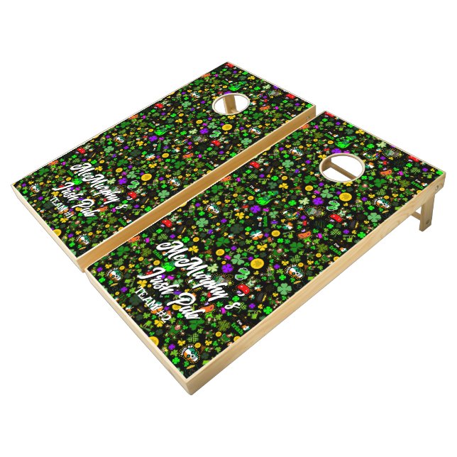 Irish Pub Leprechauns Shamrocks Gold Coins Clovers Cornhole Set (Angled)