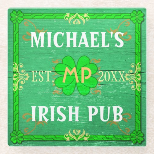 Irish Pub Sign Custom Name St Patricks Bar Beer Glass Coaster
