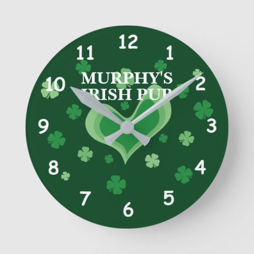 Irish pub wall clock with custom name and clovers