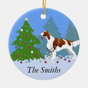 Irish Red and White Setter Decorating Tree Ceramic Ornament