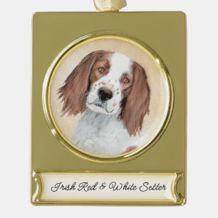 Irish Red and White Setter Painting - Original Art Gold Plated Banner Ornament
