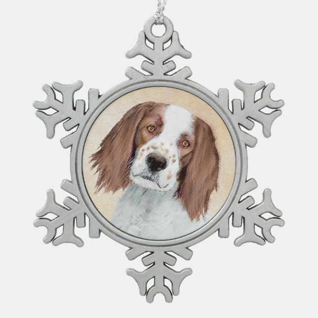 Irish Red and White Setter Painting - Original Art Snowflake Pewter Christmas Ornament (Front)