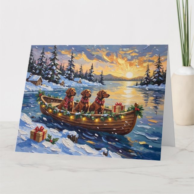 Irish Red Setter Christmas Boat Holiday Card (Front)