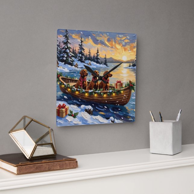 Irish Red Setter Christmas Boat Holiday Square Wall Clock (Office)