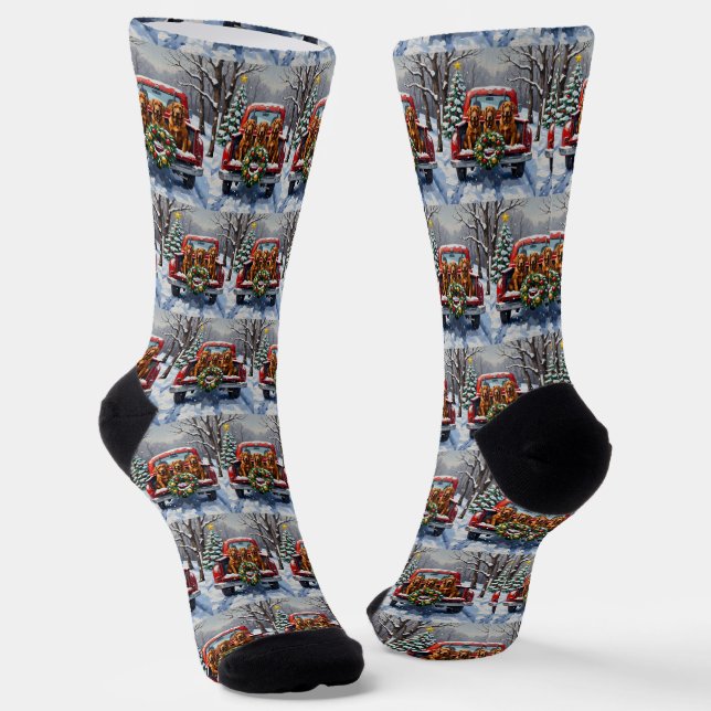 Irish Red Setter Christmas Red Truck Holiday Socks (Angled)