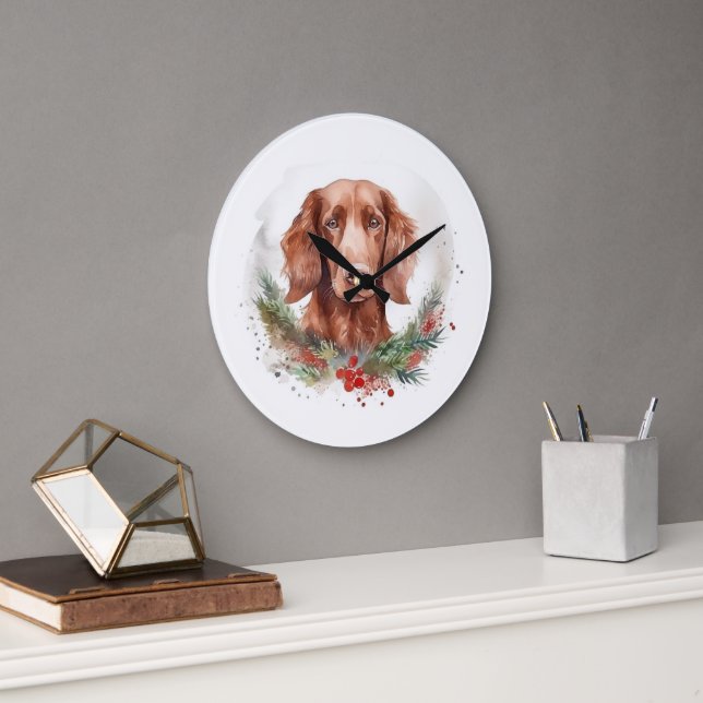 Irish Red Setter Christmas Wreath Festive Pup  Large Clock (Office)