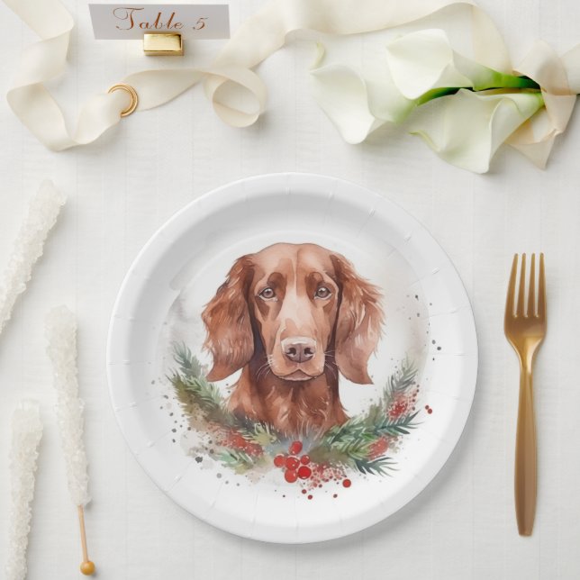 Irish Red Setter Christmas Wreath Festive Pup  Paper Plates (Wedding)