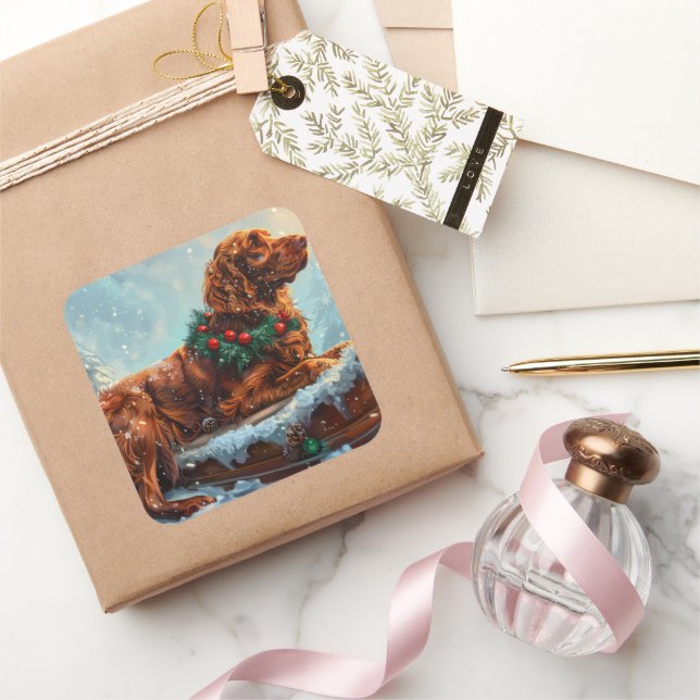 Irish Red Setter Dog Christmas Festive Square Sticker (Gifting)