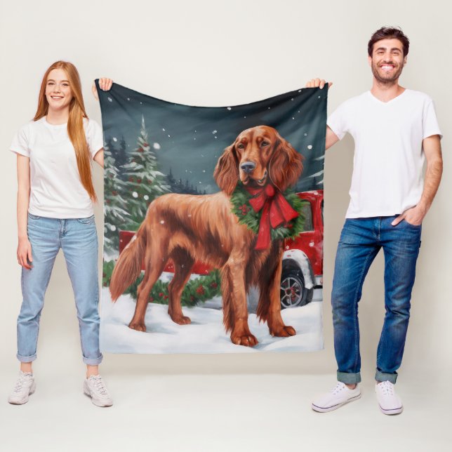 Irish Red Setter Dog in Snow Christmas Fleece Blanket (In Situ)