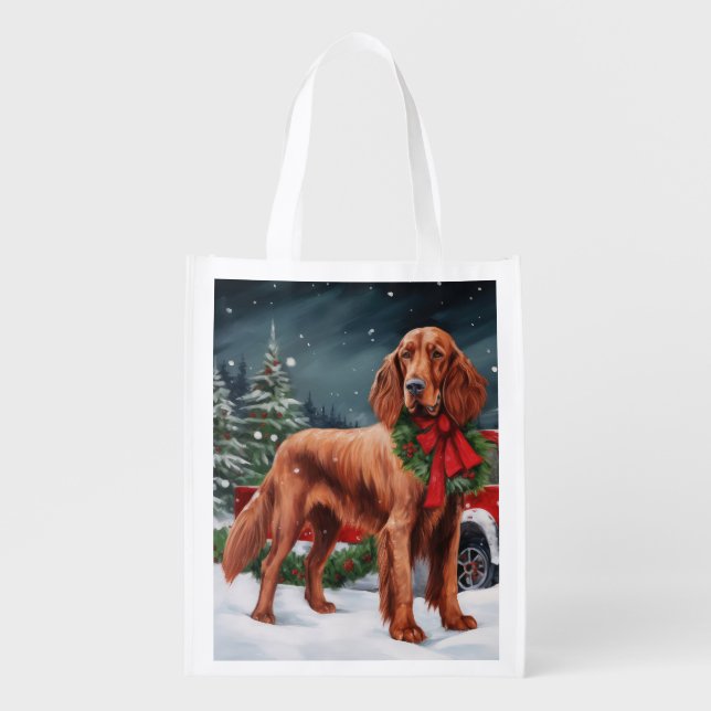 Irish Red Setter Dog in Snow Christmas Grocery Bag (Front)
