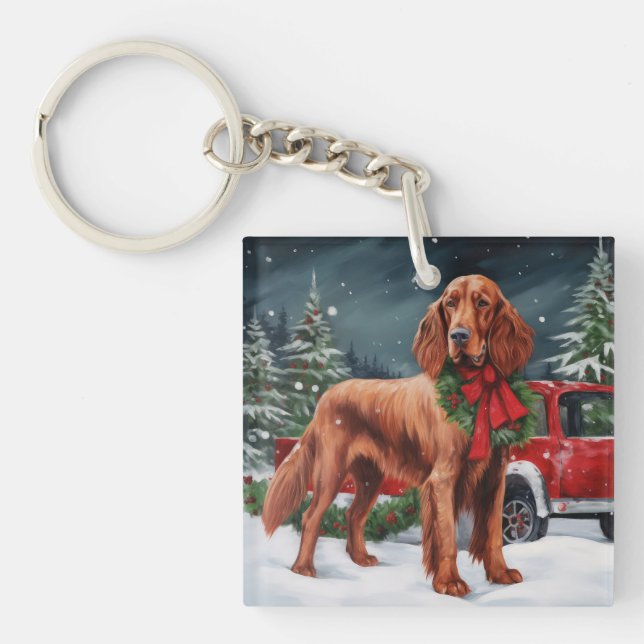 Irish Red Setter Dog in Snow Christmas Keychain (Front)