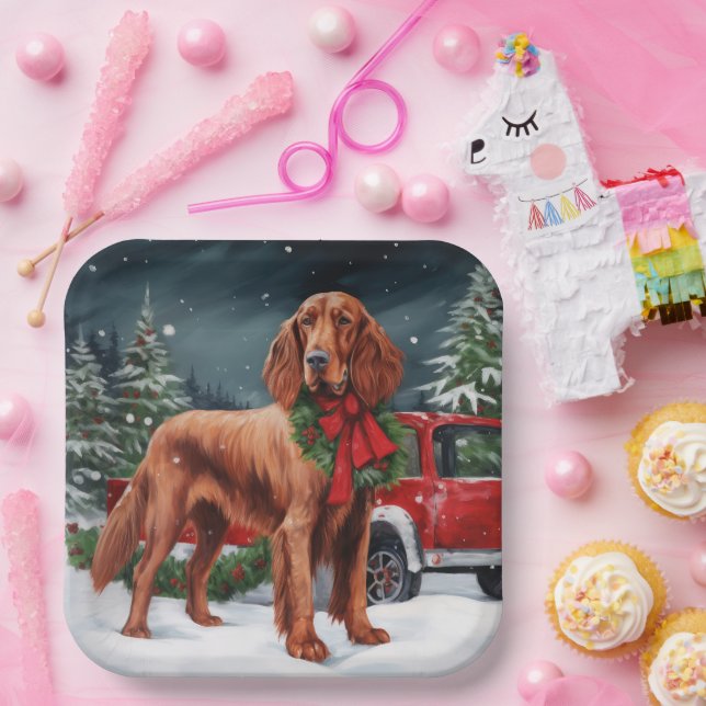 Irish Red Setter Dog in Snow Christmas Paper Plates (Party)