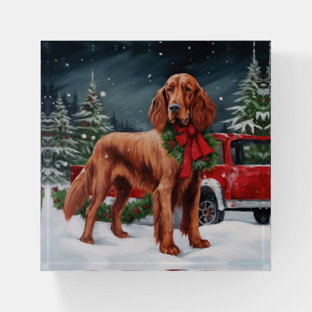 Irish Red Setter Dog in Snow Christmas Paperweight (Front)