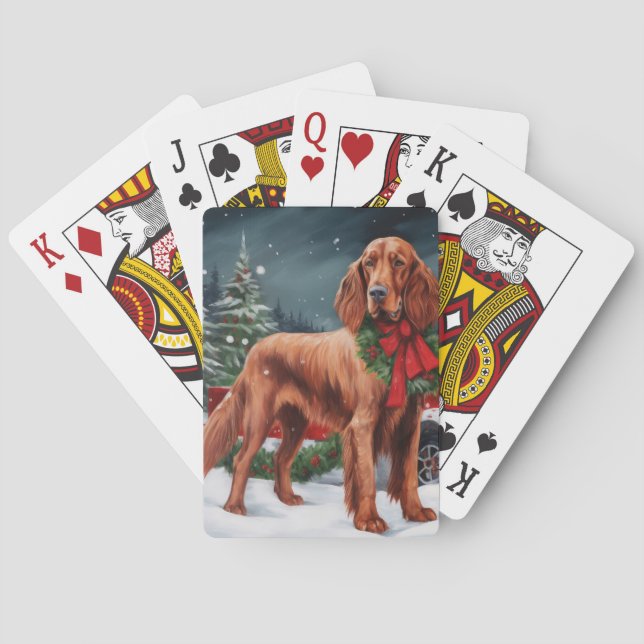 Irish Red Setter Dog in Snow Christmas Poker Cards (Back)