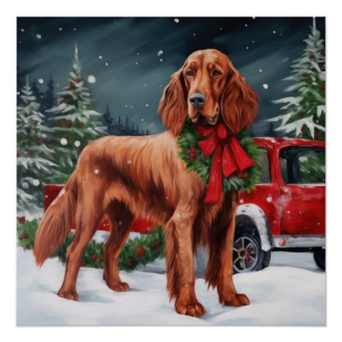 Irish Red Setter Dog in Snow Christmas Poster