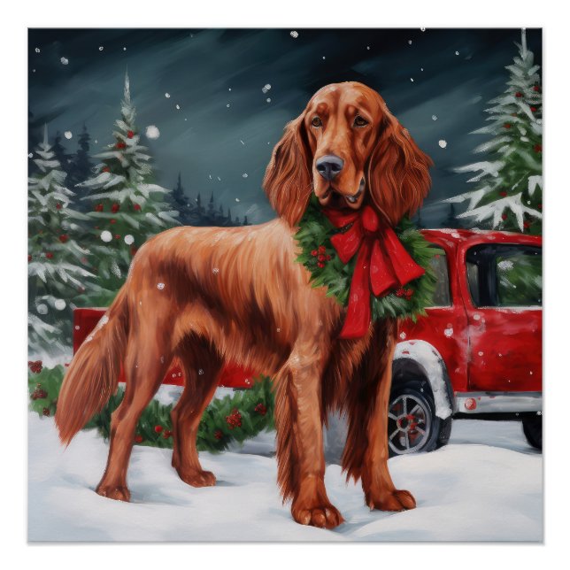 Irish Red Setter Dog in Snow Christmas Poster (Front)