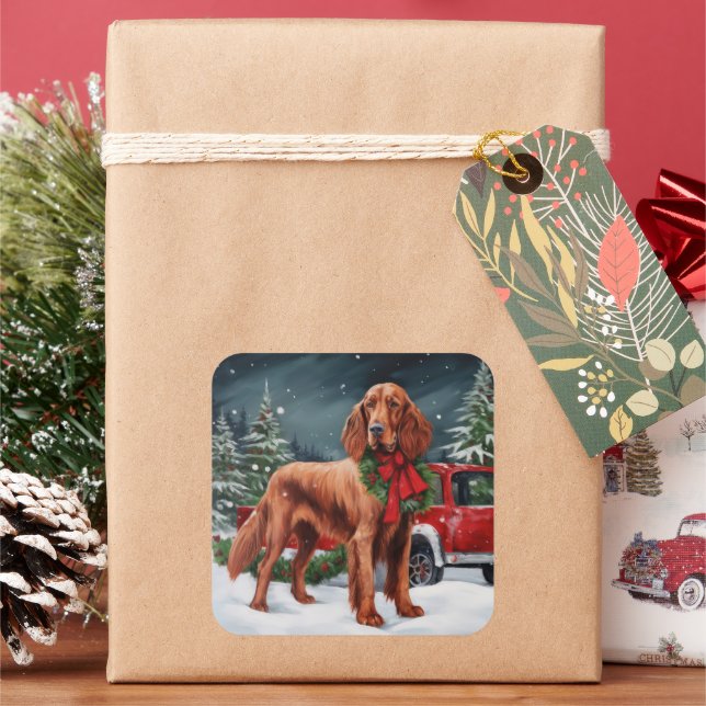 Irish Red Setter Dog in Snow Christmas Square Sticker (Holiday)